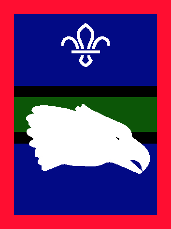 A badge with a blue and green background and a graphic of an eagles head in profile in the foreground.