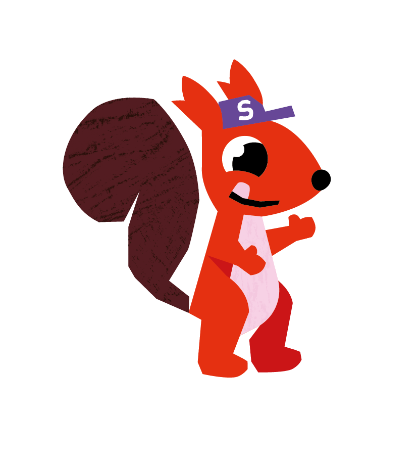 A cartoon squirrel wearing a hat marked with an S